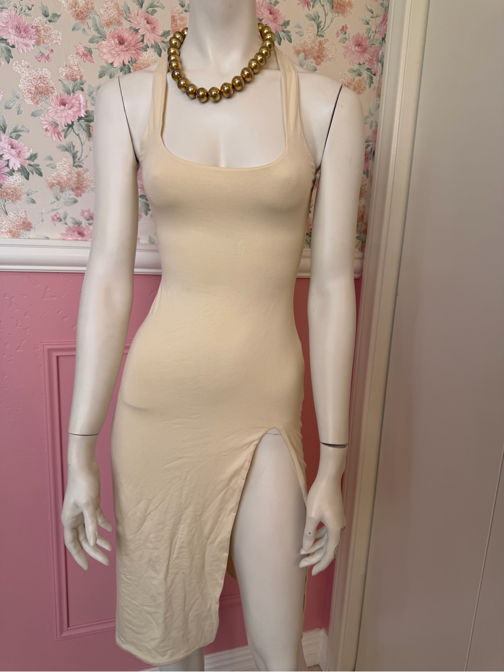 Oh Polly Cream Halter Midi Dress with High Thigh Slit
